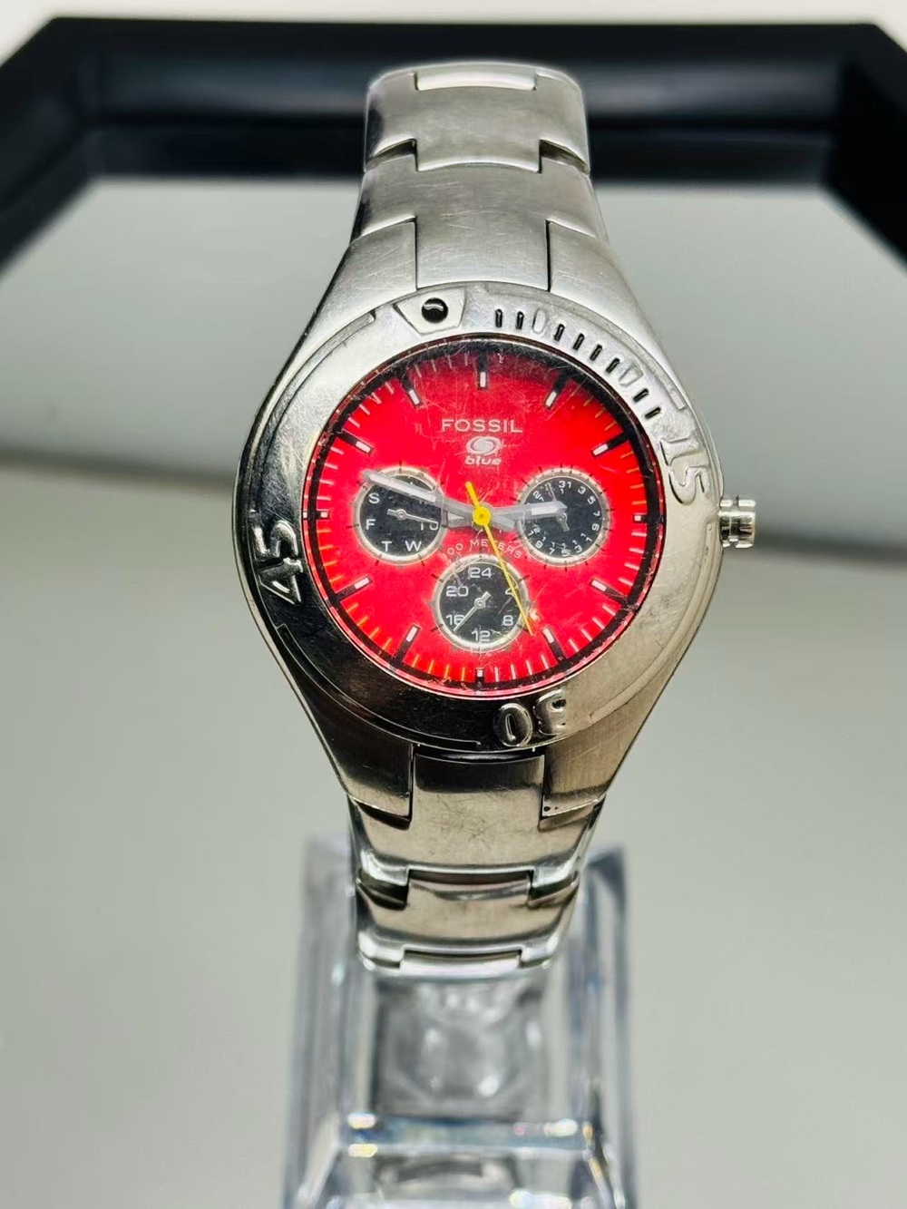 Vintage Fossil Blue Multifunction Red Dial Men  Watch 40mm New Battery Runs